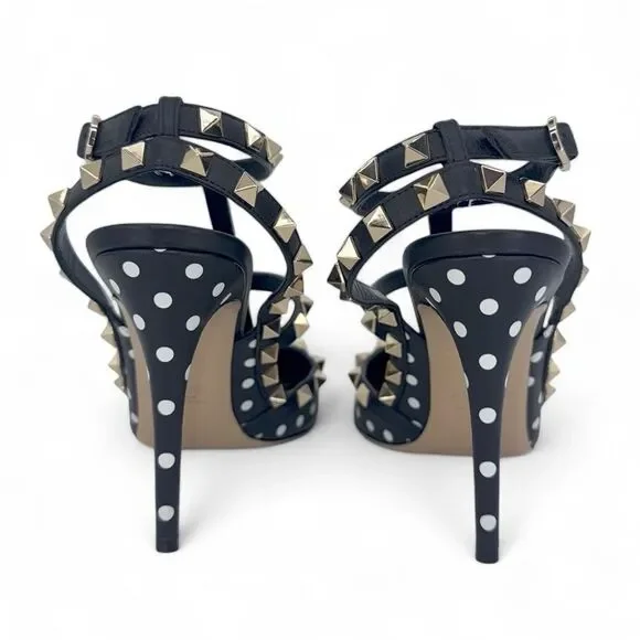 VALENTINO GARAVANI Black Ankle Strap Rockstud White Polkadot Sandals Siz… - Picture 10 of 15